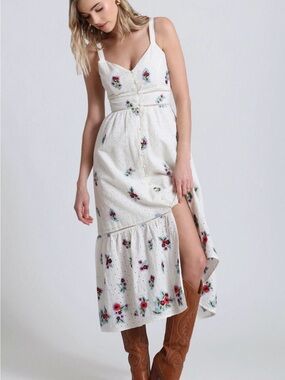 Avec Les Filles Floral Embroidered Eyelet Midi Dress